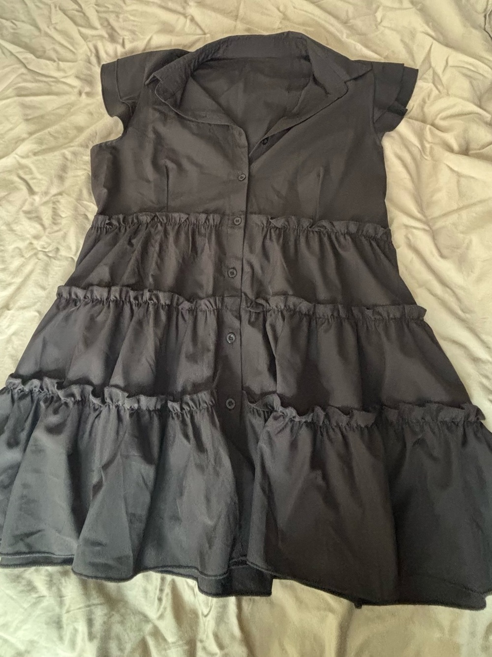 Fit and Flare Black Tiered Button-Front Dress